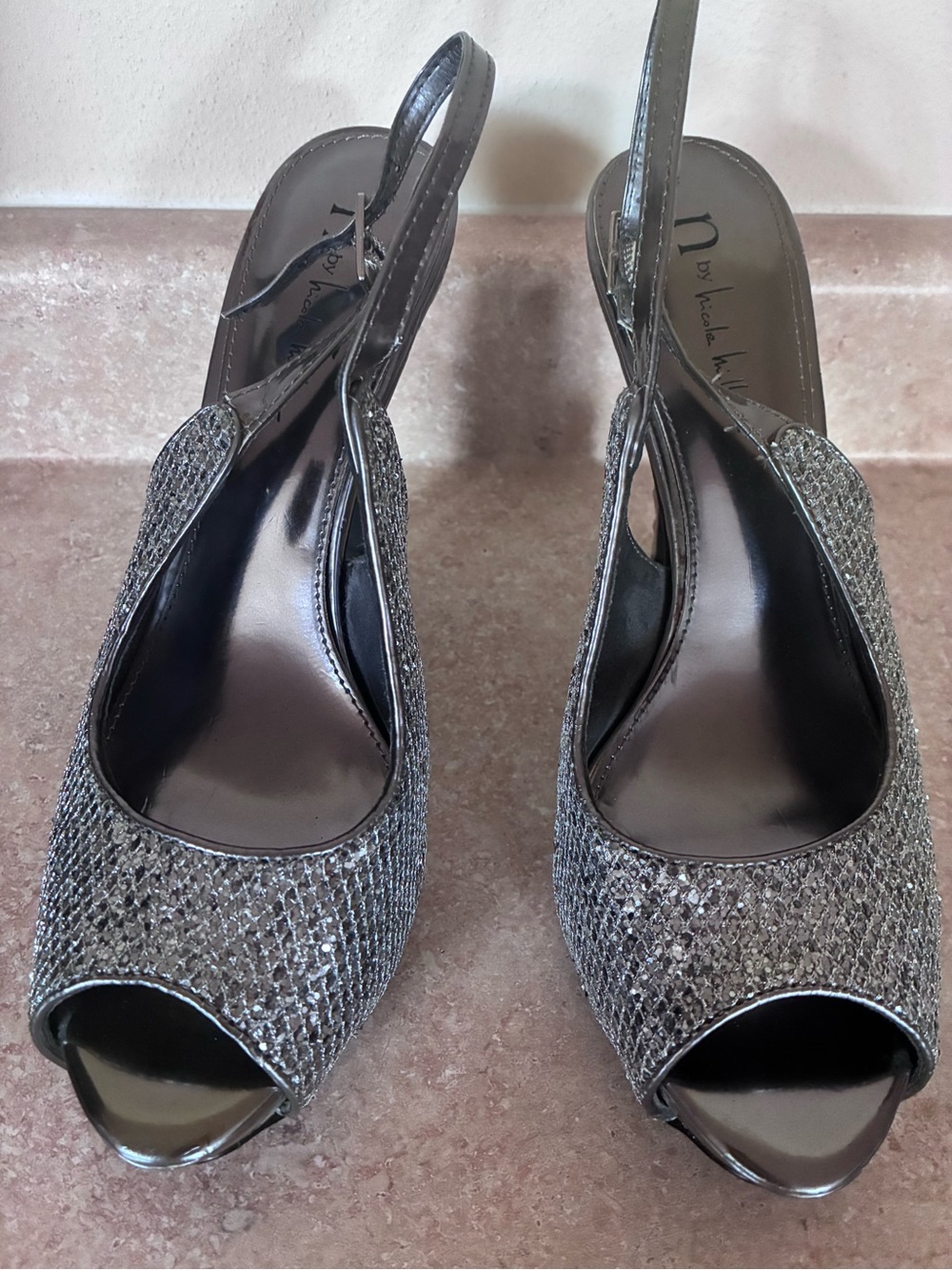 Nicole by Nicole Miller Pewter Glitter Peep-Toe Slingback Heels